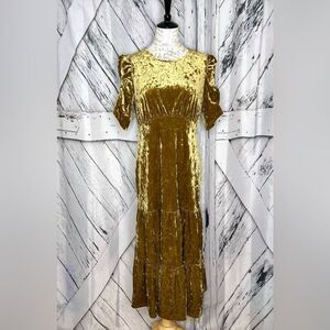 WHO WHAT WEAR Velvet Boho Midi Dress Puff Sleeve Gold Size M